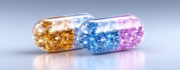 Round Tablets in Pharmaceutical Blister Pack Colorful capsules filled with shimmering beads, representing health and wellness supplements.