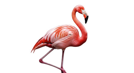 An image of elegant pink flamingo bird on white.. The scene includes image, white, elegant, wading, nature, tropical, fauna, colorful,