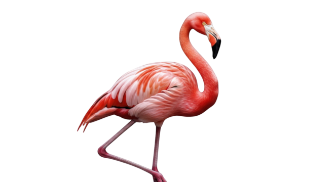 An image of elegant pink flamingo bird on white.. The scene includes image, white, elegant, wading, nature, tropical, fauna, colorful,