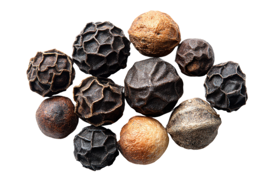 Exploring unique spices black pepper seeds kitchen food photography. Isolated on transparent background, png.