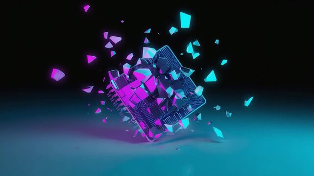 A shattered circuit board explodes in a vibrant display of neon light