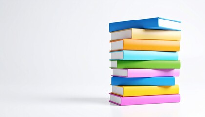 Stack of eight colorful hardcover books, blank covers, on white backdrop