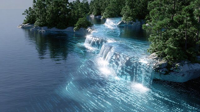 Digital Waterfall Flowing with Binary Code in a Serene Landscape