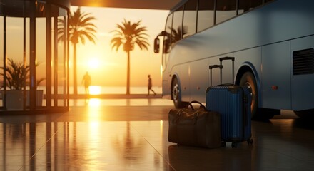 Shuttle bus parked at hotel entrance with luggage, symbolizing travel convenience.
