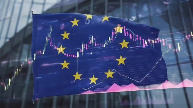 Eu flag with stock market chart and growth arrows symbolizes economic growth and financial trends in europe. - Powered by Adobe