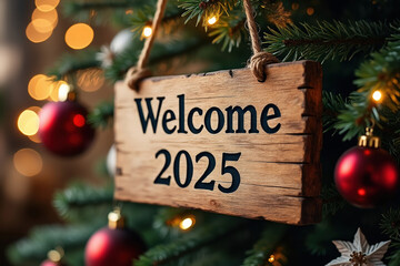 A Rustic Welcome to 2025 A Wooden Sign Hanging Amidst Festive Ornaments and Twinkling Lights on a Lush Evergreen Tree Branch