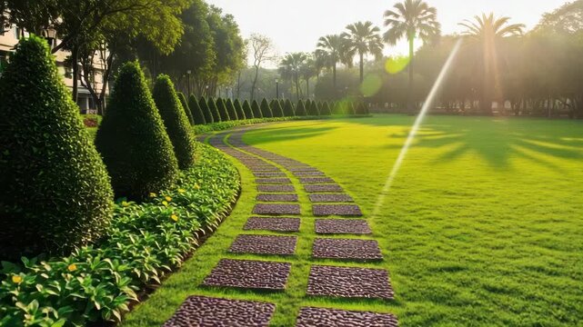 A winding stone pathway curves through a lush green park, bordered by manicured topiary trees and vibrant foliage, bathed in the warm glow of morning sunlight