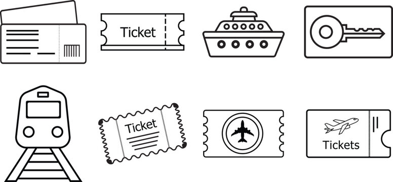 Minimalist black and white line art vector illustration of various travel and tourism icons. Includes symbols for train, cruise ship, airplane tickets, boarding pass, and hotel key card. 