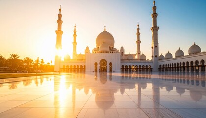 Ornate mosque with sunbeams behind, reflected on marble plaza