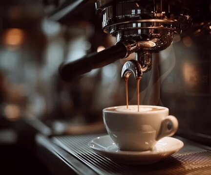 coffee is poured into a cup from a coffee machine