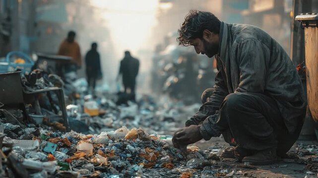 Hope amidst Devastation: A person examines debris from the ground after a disaster, set against the backdrop of a damaged city.