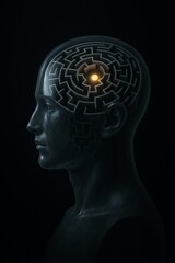 Profile of a dark human head with an illuminated maze inside, symbolizing complex problem-solving