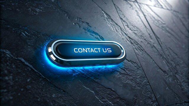 Glowing blue contact us button on dark marble surface with futuristic neon effect

