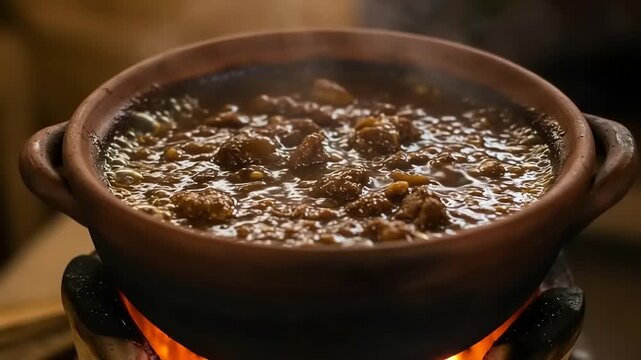 Hearty stew simmering in a traditional pot