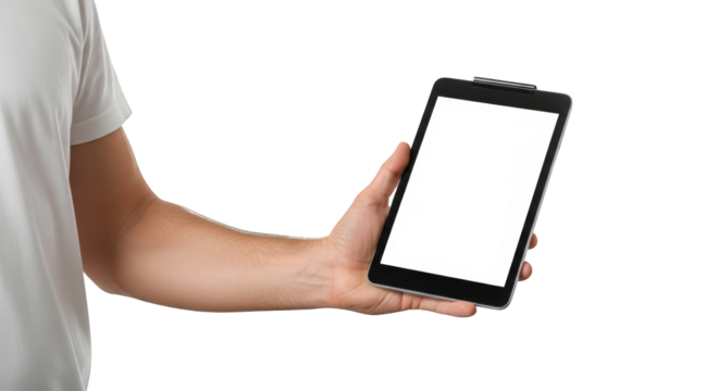 An image of hand holding blank tablet screen.. The scene includes empty, human, man, white, office, screen, digital, shirt, online,
