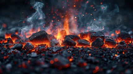 Burning coal embers with smoke and glowing orange particles