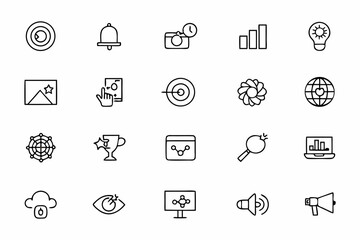 A clean and professional collection of line icons illustrating key digital marketing concepts. Ideal for strategy presentations, marketing plans, and client pitches