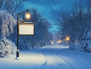 Winter scene with snow-covered road, trees, and a blank sign illuminated by a lamp post under a starry sky.