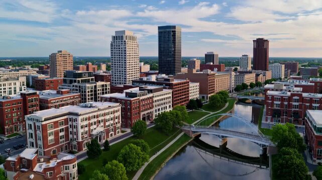 Des Moines &ndash; Downtown Skyline with Riverfront Parks and Bridges under Blue Sky