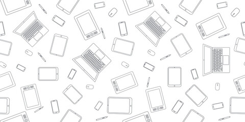 Seamless monochrome line-art pattern of electronic devices including laptops, tablets, smartphones, styluses, and computer mice, ideal for tech backgrounds, wallpapers, and digital design.