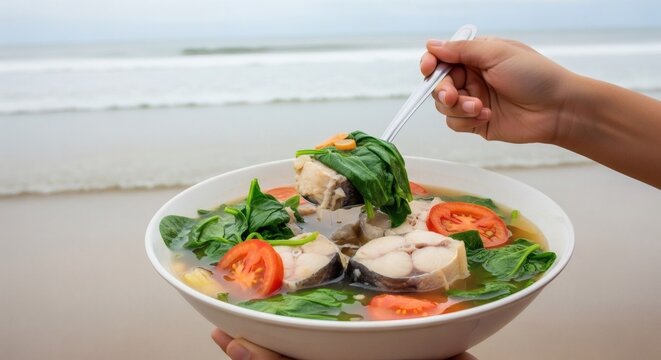 Authentic Filipino Sinigang na Isda - Fresh Milkfish in Clear Sour Broth with Spinach and Tomatoes, Served by the Seaside