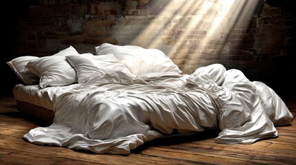 A rumpled white bed with sunlight streaming through a window onto the bedding