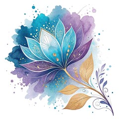 Watercolor flower illustration with blue and purple petals and gold accents on white background