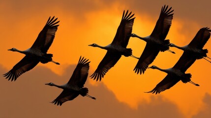 Six cranes flying in formation against a vibrant orange sunset sky