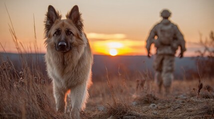 Loyal Companion: Dog with Soldier at Sunset - A heartwarming scene of companionship, duty, and the bond between a dog and its human companion.