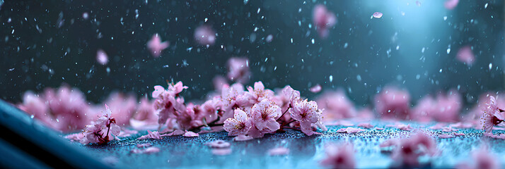 Close up view of delicate pink flower petals falling onto a car windshield during a gentle spring rain shower