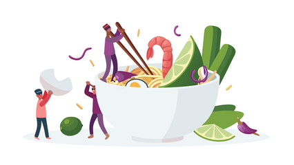 Teamwork makes the dream work as people prepare a giant bowl of ramen with shrimp and vegetables