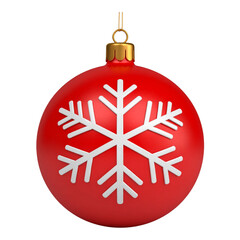 A classic red Christmas ornament features a prominent white snowflake design.