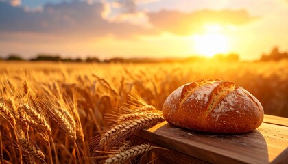 Golden loaf on wooden board with wheat field at sunset