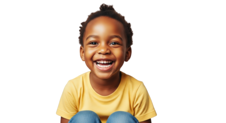 An image of happy smiling african american child.. The scene includes face, hair, t-shirt, playful, adorable, looking, American, smile, wellbeing,