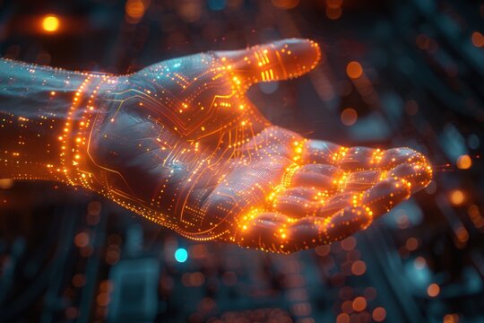 Glowing hand with circuit patterns and bokeh background view