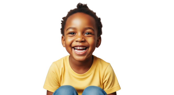 An image of happy smiling african american child.. The scene includes face, hair, t-shirt, playful, adorable, looking, American, smile, wellbeing,