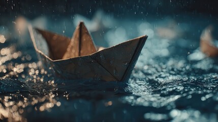 Fototapeta premium Small paper boat floats gently on calm water during sunset with a soft golden light reflecting on the surface