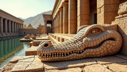 Ancient Crocodile Statue Detailed Stone in Archeological Temple Site
