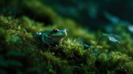 Colorful green frog seated on moss among foliage in a serene forest setting during twilight