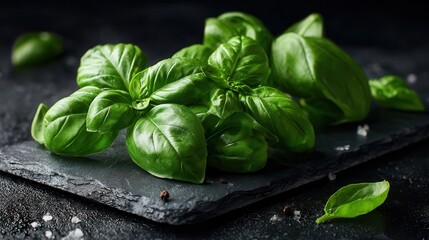 Fresh green basil leaves resting on a dark slate surface with droplets of water in a kitchen setting