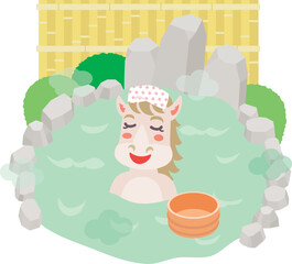 露天風呂に浸かる馬