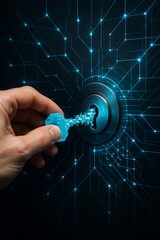 Hand unlocking a digital lock with a glowing pixelated key on a circuit board background