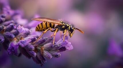 Close-up of a wasp perched on purple lavender flowers in a garden during a sunny afternoon