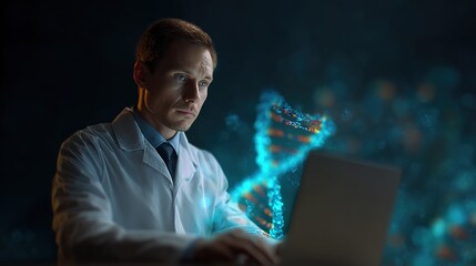 Genetic Exploration: A focused scientist, illuminated by the digital glow of a DNA strand, deeply immersed in the scientific process of discovery.