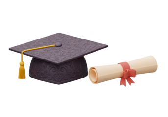Photo of a purple graduation cap and diploma are displayed isolated on transparent background, symbolizing academic achievement and educational success