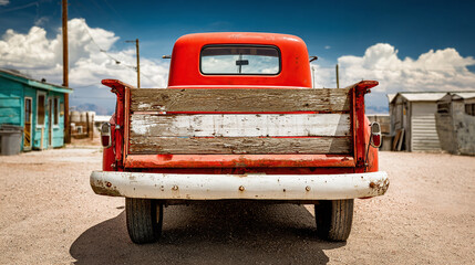 Vintage Red Truck: A classic pickup with a weathered wooden bed, parked in a rural setting under a bright blue sky with fluffy white clouds.
