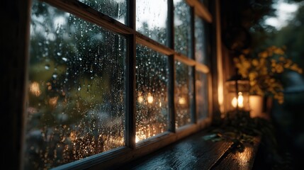Evening rain creates a cozy atmosphere at a cabin with glowing lantern and serene garden view