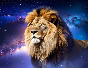 A magnificent portrait of a male lion, the king of the wild, with a glorious mane in the sun