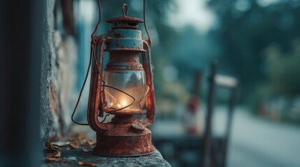 Rustic lantern casting warm light on a rainy evening outdoors in a quiet setting