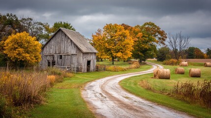 Obraz premium Rustic charm: A weathered barn stands nestled amidst vibrant autumn foliage and rolling hay bales, evoking a sense of serene rural beauty under a cloudy sky.